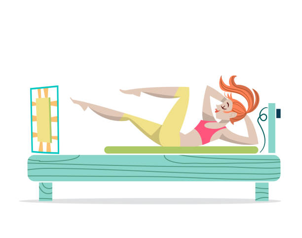 Pilates girl doing exercises on a Reformer - vector flat colours illustration vector art illustration