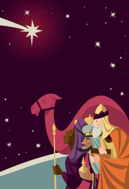 the Three Wise men watching the Star of Bethlehem - flat colours illustration vector art illustration