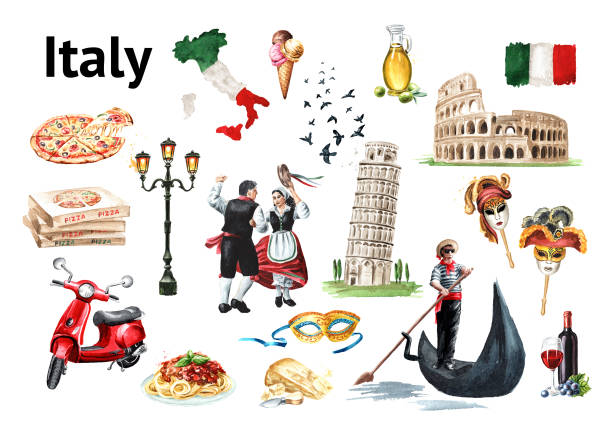 italien wahrzeichen und symbole gesetzt. reisekonzept. handgezeichnete aquarell-illustration isoliert auf weißem hintergrund - gondolier stock-grafiken, -clipart, -cartoons und -symbole