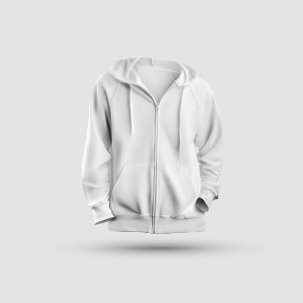 istock Mockup white hoodie 3D rendering with zip fastener, pocket and drawstrings on the hood, isolated on background, front view. 1298259934