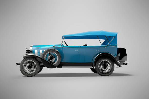 istock Classic retro car blue isolated side view 3D rendering on gray background with shadow 1298260097
