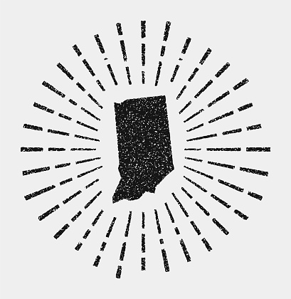 Vintage map of Indiana. Grunge sunburst around the us state. Black Indiana shape with sun rays on white background. Vector illustration.