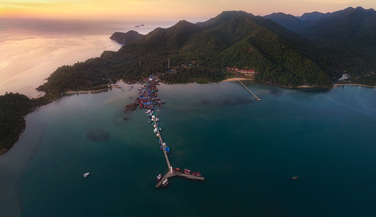 Aerial view (drone shot) in sunset at Bangbao Pier, Koh Chang, Thailand.