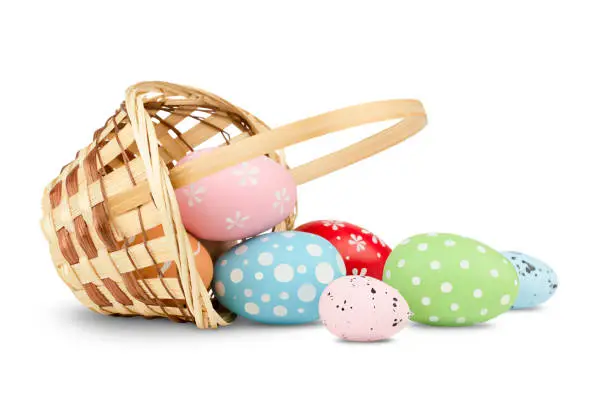 Photo of basket with scattered Easter eggs