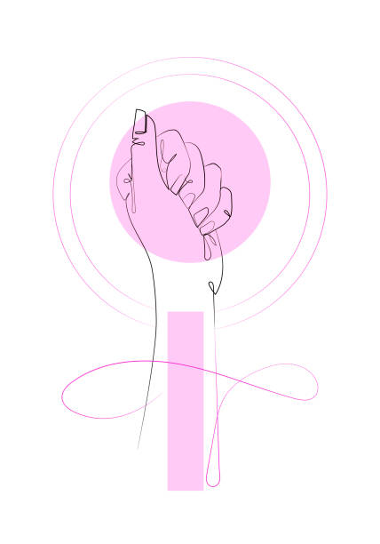 International woman day diversity raised fist strong girl power concept. Woman power flat design. Hand fist on white background with pink spots. One line continuous art International woman day diversity raised fist strong girl power concept womens rights illustrations stock illustrations
