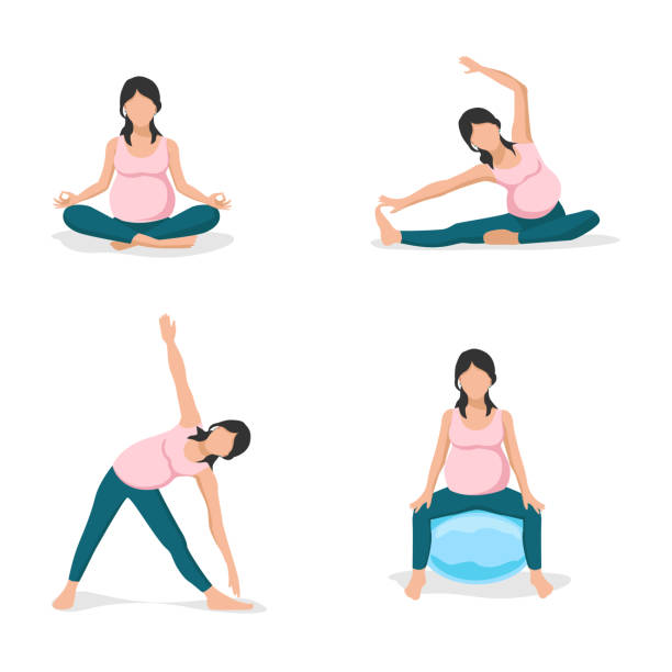 ilustrações de stock, clip art, desenhos animados e ícones de young pregnant woman goes in for sports - white background yoga exercising women