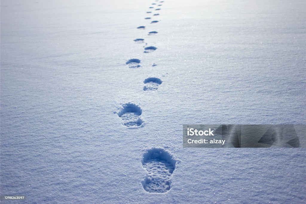 Human footprints in the snow under sunlight close-up view Snow Stock Photo