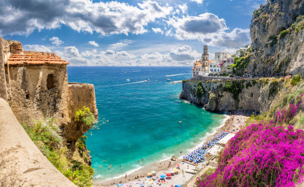 Landscape with wild beach in Atrani town Landscape with wild beach in Atrani town at famous amalfi coast, Italy calabria stock pictures, royalty-free photos & images