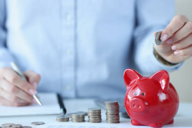 istock Person holds coins over piggy bank and makes notes in documents 1298264822
