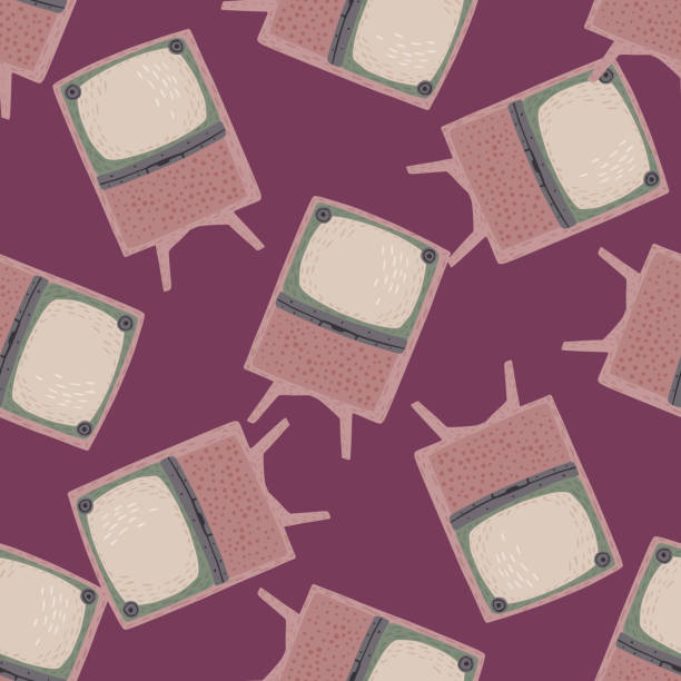 istock Pink simple tv silhouettes seamless doodle pattern. Cartoon retro technic ornament. Purple background. 1298264875