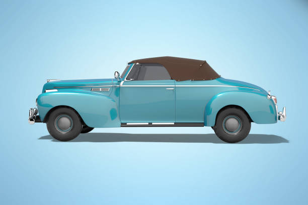 istock 3d rendering blue classic convertible leather car side view isolated on blue background with shadow 1298265016