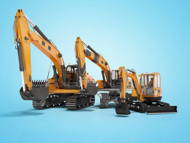 istock Group of orange excavator 3D rendering on blue background with shadow 1298265212