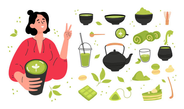 ilustraciones, imágenes clip art, dibujos animados e iconos de stock de chica con una taza de té matcha - green tea illustrations