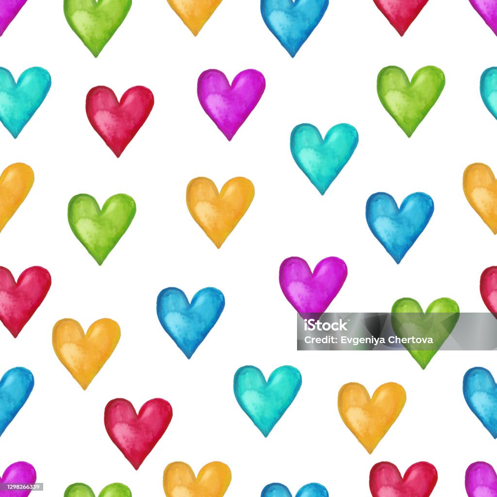 Akvarell hjärtan sömlös mönster, ljusa färgglada handmålade bakgrund, mångfärgade kärlekstecken och symboler. För tygdesign, textil, tapet, omslag, kort, inbjudningar, dekorationer - Royaltyfri Abstrakt Illustrationer Akvarell hjärtan sömlös mönster, ljusa färgglada handmålade bakgrund, mångfärgade kärlekstecken och symboler. För tygdesign, textil, tapet, omslag, kort, inbjudningar, dekorationer - Royaltyfri Abstrakt Illustrationer