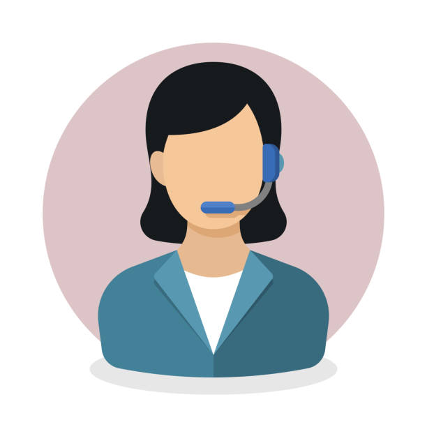 Telephone operator or call center employee icon. Woman with headset answering customer's phone call. Customer care or customer support concept vector illustration Telephone operator or call center employee icon. Woman with headset answering customer's phone call. Customer care or customer support concept vector illustration hands free device illustrations stock illustrations