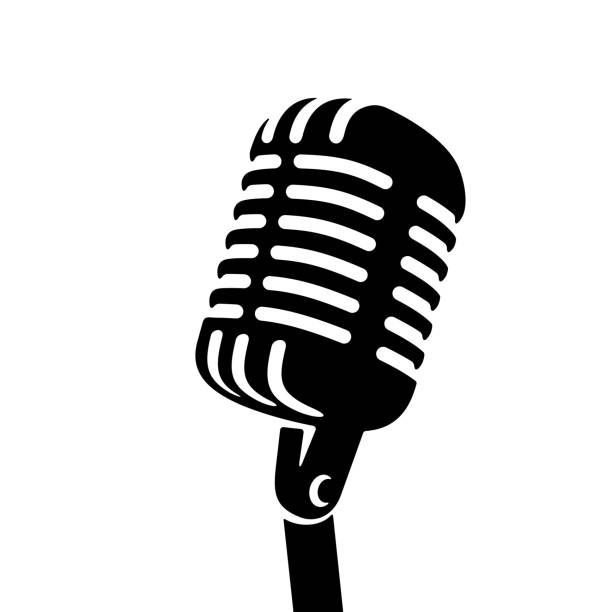 Retro microphone vector sign Black Retro vintage microphone on white background logo. Mic silhouette sign. Music, voice, record icon. Recording studio symbol. Flat stye vector illustration radio stock illustrations