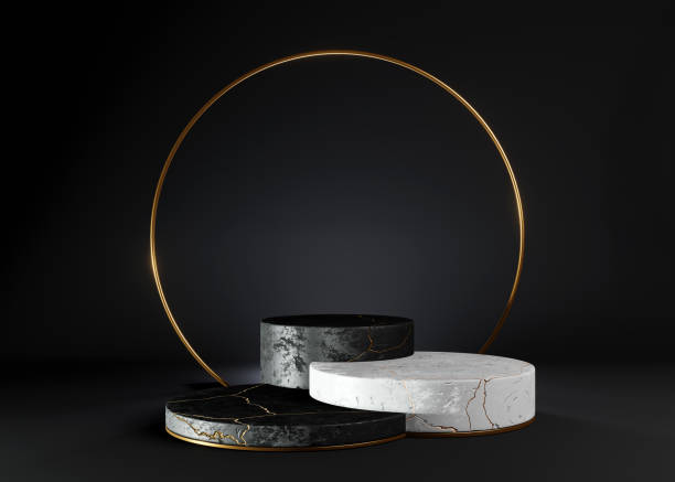 3d render illustration of black and white marble podium on black background