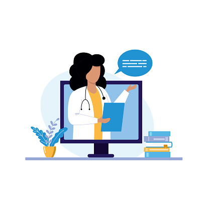 Online consultation of a family doctor. Remote medical care. The doctor calls the woman on video. Vector illustration in flat style.