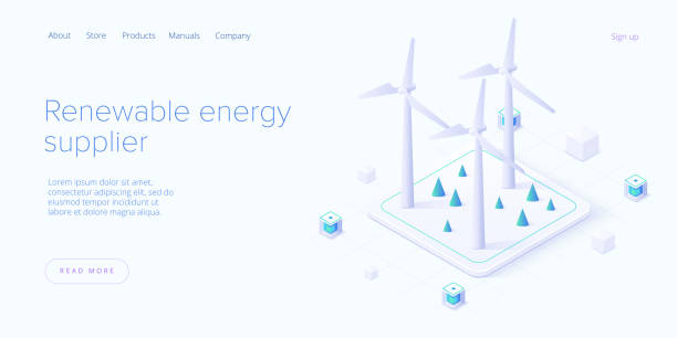 ilustrações de stock, clip art, desenhos animados e ícones de renewable energy sources concept in isometric vector illustration. solar electric panels and wind turbines. sustainable power plants for clean environment . web banner layout template design. - fuel and power generation wind turbine solar panel alternative energy