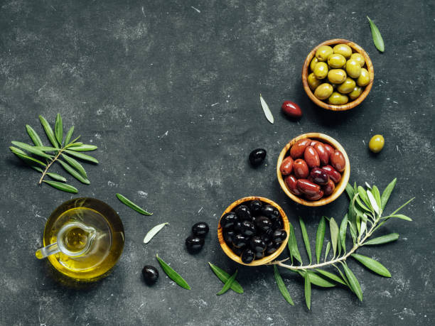 istock Set of different types olives and olive oil 1298269504