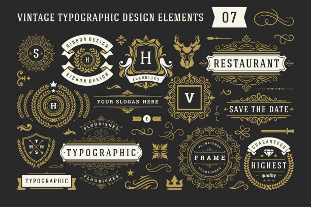 Vintage typographic decorative ornament design elements set vector illustration. Labels and badges, retro ribbons, luxury fancy  symbols, elegant calligraphic swirls, flourishes ornate vignettes.