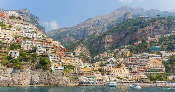 Positano village built on the cliff of the mountain, overhanging the Tyrrhenian sea. The town is located on the Amalfi Coast, in Italy (Campania). Colorful houses and beach a sunny summer day. – Image