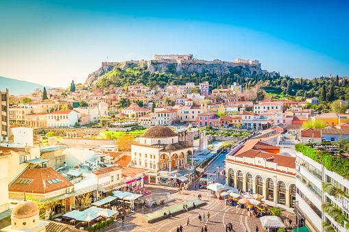 Skyline of Athenth with Moanstiraki square and Acropolis hill, Athens Greece