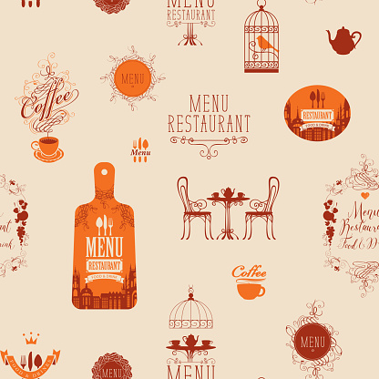 Seamless pattern on the theme of restaurant or cafe menu in retro style. Repeating vector background with inscriptions, curlicues and various design elements. Suitable for wallpaper, wrapping paper