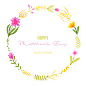istock Happy Mother's Greeting Card Design with Hand Drawn Watercolor Spring Flowers. Floral Wreath, Design Element. Spring Blossom Design for Greeting Cards, Advertising, Banners, Leaflets and Flyers. Botanical Vector Design. 1298272697