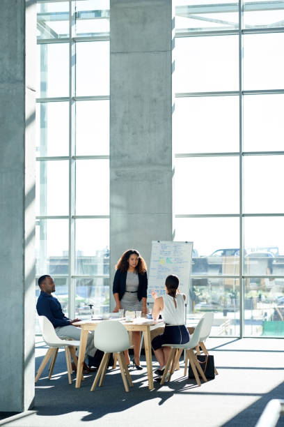 Discussing business strategies with her team Full length shot of an attractive young businesswoman giving a presentation in the boardroom workplace diversity vertical stock pictures, royalty-free photos & images