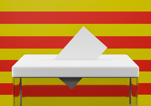 Ballot box with a voting envelope in the slot ready to vote. Catalonia flag in the background.3d Illustration