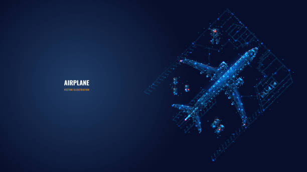 Abstract low poly illustration of airplane concept Abstract 3d airplane and cars in hangar. View from the top. Low poly aircraft concept in dark blue. Vector mesh image looks like starry sky. Digital wireframe with dots, lines and glowing particles airport backgrounds stock illustrations