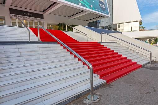 Cannes, France - February 1, 2016: Empty Red Carpet at Famous Festival Hall in Cannes, France.