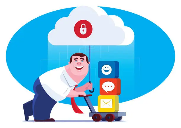 Vector illustration of businessman carrying data with safety cloud computing