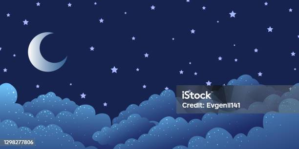Vector Abstract Cartoon Night Background Moon Among Stars And Clouds Stock  Illustration - Download Image Now - iStock