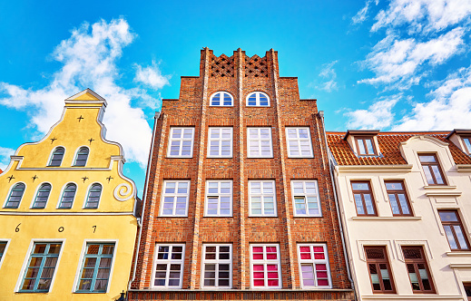Beautiful colorful old gabled house facades in the old town of Wismar.