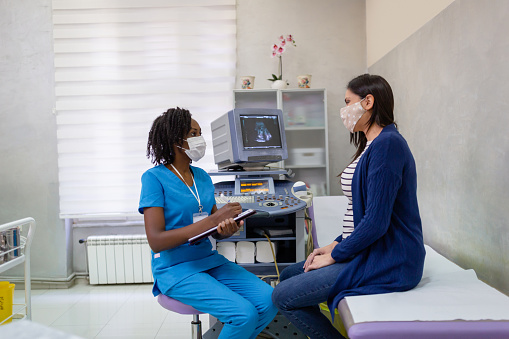 African-American female doctor doing gynecological examination