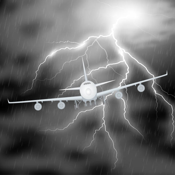 istock Airplane night storm realistic composition with image of passenger jet in thunderstorm clouds with thunderbolt image 1298278787