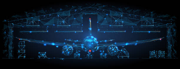 Digital image of airplane maintenance concept Front view of an airplane in a hangar in dark blue. Airplane maintenance, aircraft repair service concept. Abstract polygonal 3d wireframe looks like a starry sky. Digital vector mesh with lines airport backgrounds stock illustrations