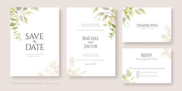 Set of floral wedding Invitation card, save the date, thank you, rsvp template. Vector. Watercolour and golden leaves. Set of floral wedding Invitation card, save the date, thank you, rsvp template. Watercolour and golden leaves. rsvp stock illustrations
