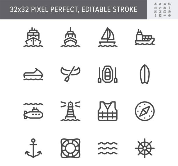 Water transport simple line icons. Vector illustration with minimal icon - cargo ship, yacht, canoe, surfboard, compass, anchor, submarine, jet ski pictogram. 32x32 Pixel Perfect. Editable Stroke Water transport simple line icons. Vector illustration with minimal icon - cargo ship, yacht, canoe, surfboard, compass, anchor, submarine, jet ski pictogram. 32x32 Pixel Perfect. Editable Stroke. life jacket stock illustrations