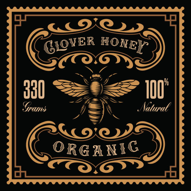 a honey label in retro style a honey label in retro style, this design can be used as a honey package. insignia healthy eating gold nature stock illustrations