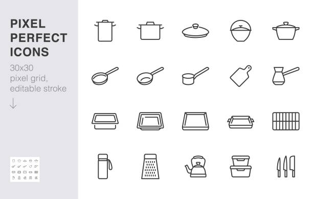 illustrations, cliparts, dessins animés et icônes de ensemble d’icônes de ligne d’ustensiles de cuisine. pot de casserole de cuiseur d’équipement de cuisine, plaque à frire, couvercle, illustration minimale de vecteur de râpe de couteau. signe simple de contour des ustensiles de cuisine. 30x30 pixe - magasin dustensiles de cuisine