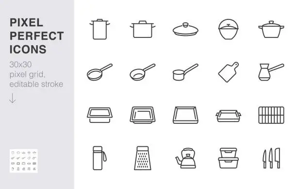 Vector illustration of Cookware line icon set. Kitchen equipment cooker pan pot, frying griddle, lid, knife grater minimal vector illustration. Simple outline sign of cooking utensils. 30x30 Pixel Perfect Editable Stroke