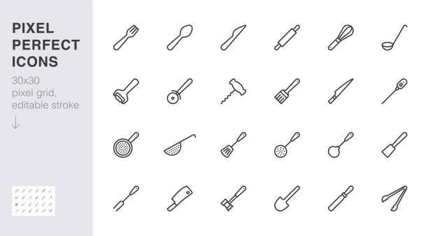 cookware linie symbol gesetzt. küchenausstattung - gabel, messer, löffel, hammer, pfanne, korkenzieher minimale vektor-illustration. einfache umrisszeichen von kochutensilien. 30x30 pixel perfekt. bearbeitbarer strich - salatsieb stock-grafiken, -clipart, -cartoons und -symbole