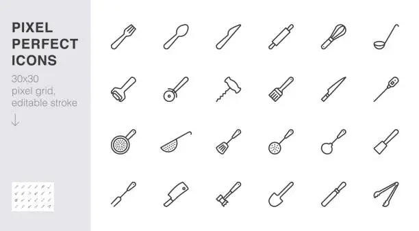 Vector illustration of Cookware line icon set. Kitchen equipment - fork, knife, spoon, hammer, ladle, corkscrew minimal vector illustration. Simple outline sign of cooking utensils. 30x30 Pixel Perfect. Editable Stroke