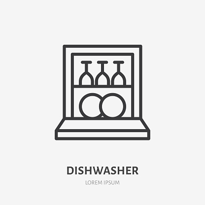 Dishwasher flat line icon. Vector outline illustration of housekeeping equipment. Black color thin linear sign for dish clean machine.