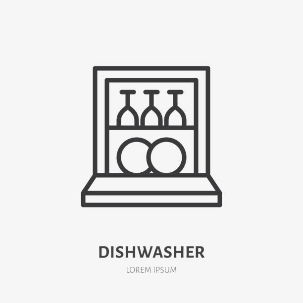 Dishwasher flat line icon. Vector outline illustration of housekeeping equipment. Black color thin linear sign for dish clean machine Dishwasher flat line icon. Vector outline illustration of housekeeping equipment. Black color thin linear sign for dish clean machine. plate rack stock illustrations