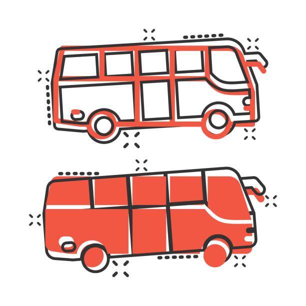 illustrations, cliparts, dessins animés et icônes de icône de bus dans le modèle comique. illustration de vecteur de dessin animé d’entraîneur sur le fond d’isolement blanc. concept d’entreprise d’effet d’éclaboussure de véhicule d’autobus. - car traffic road road sign