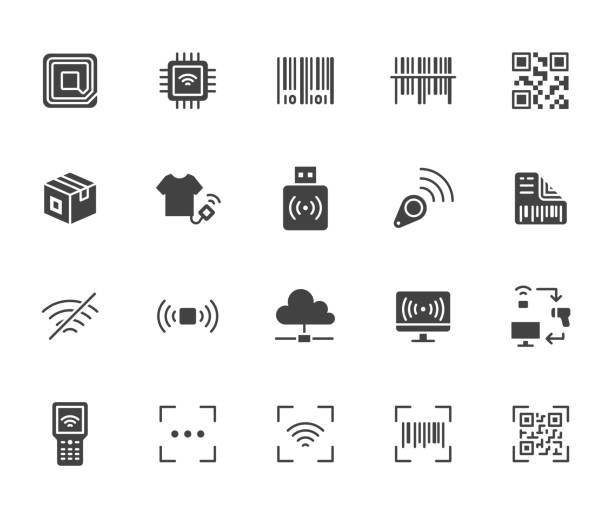 illustrations, cliparts, dessins animés et icônes de rfid, qr code, code à barres ensemble d’icônes plates. scanner d’étiquette de prix, lecteur d’étiquette, illustration noire de vecteur de silhouette de puce d’identification. simple glyphe signe application de sécurité au détail - bar code reader illustrations